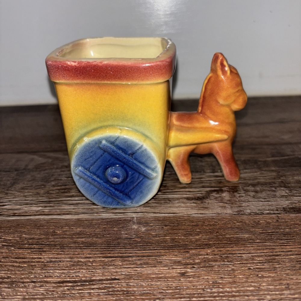 Vintage Shawnee Pottery Flower Pot Planter DONKEY w/ Cart #538 Cute 3.75" tall